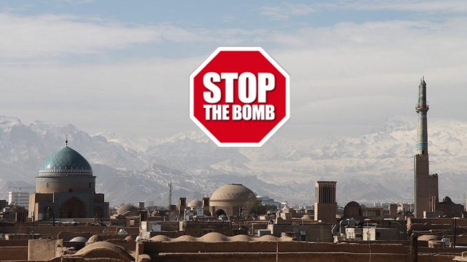 Stadtsilhouette Teheran mit Logo von Stop the Bomb / Bildnachweis: pixabay.com / Collage: Berliner Lokalnachrichten